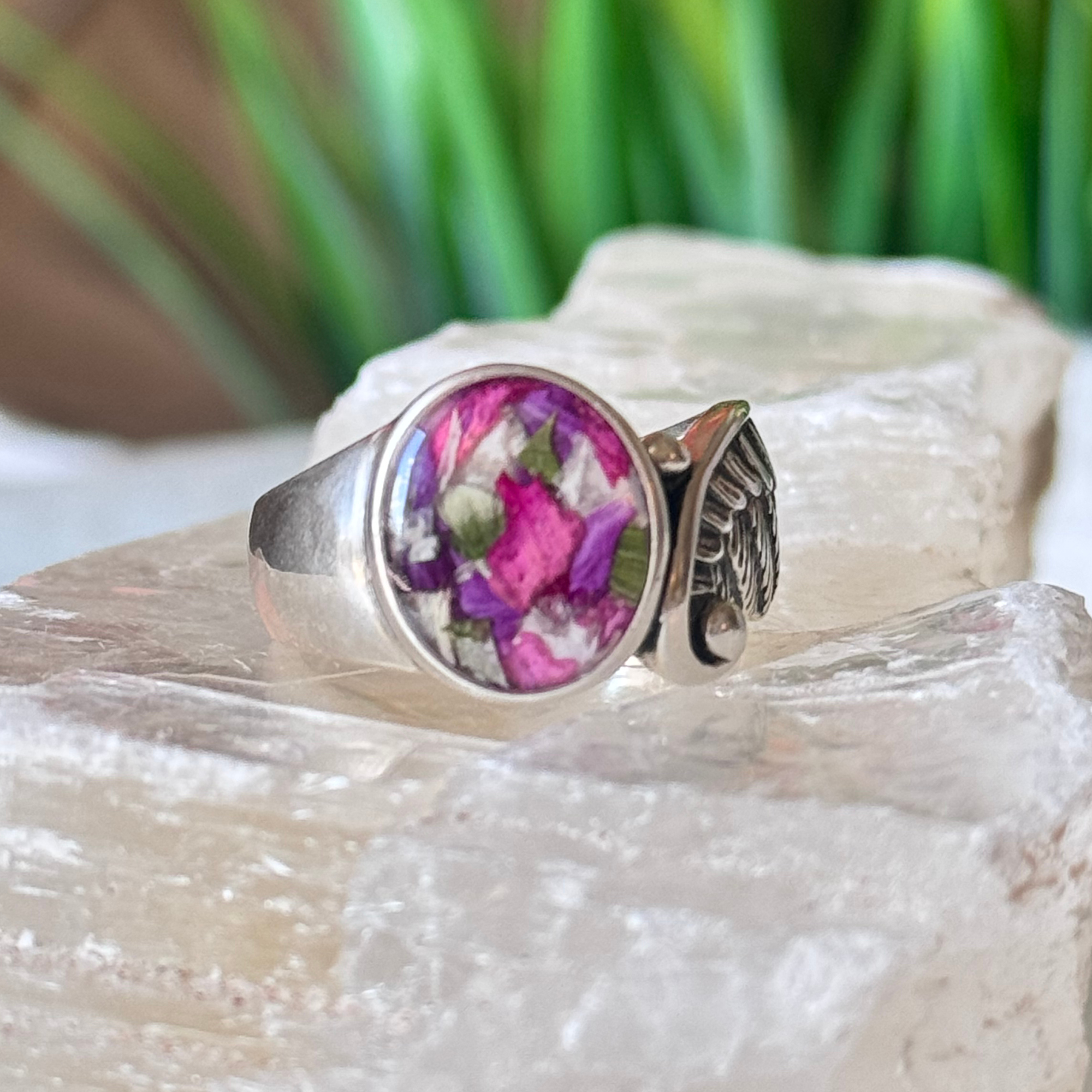 Seraphina Memorial Ring in sterling silver with custom flower stone and wing design detail