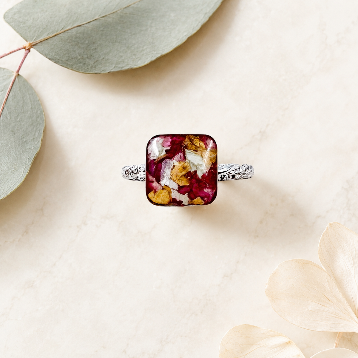 Square Memorial Flower Ring with red, yellow and white preserved flowers in sterling silver.