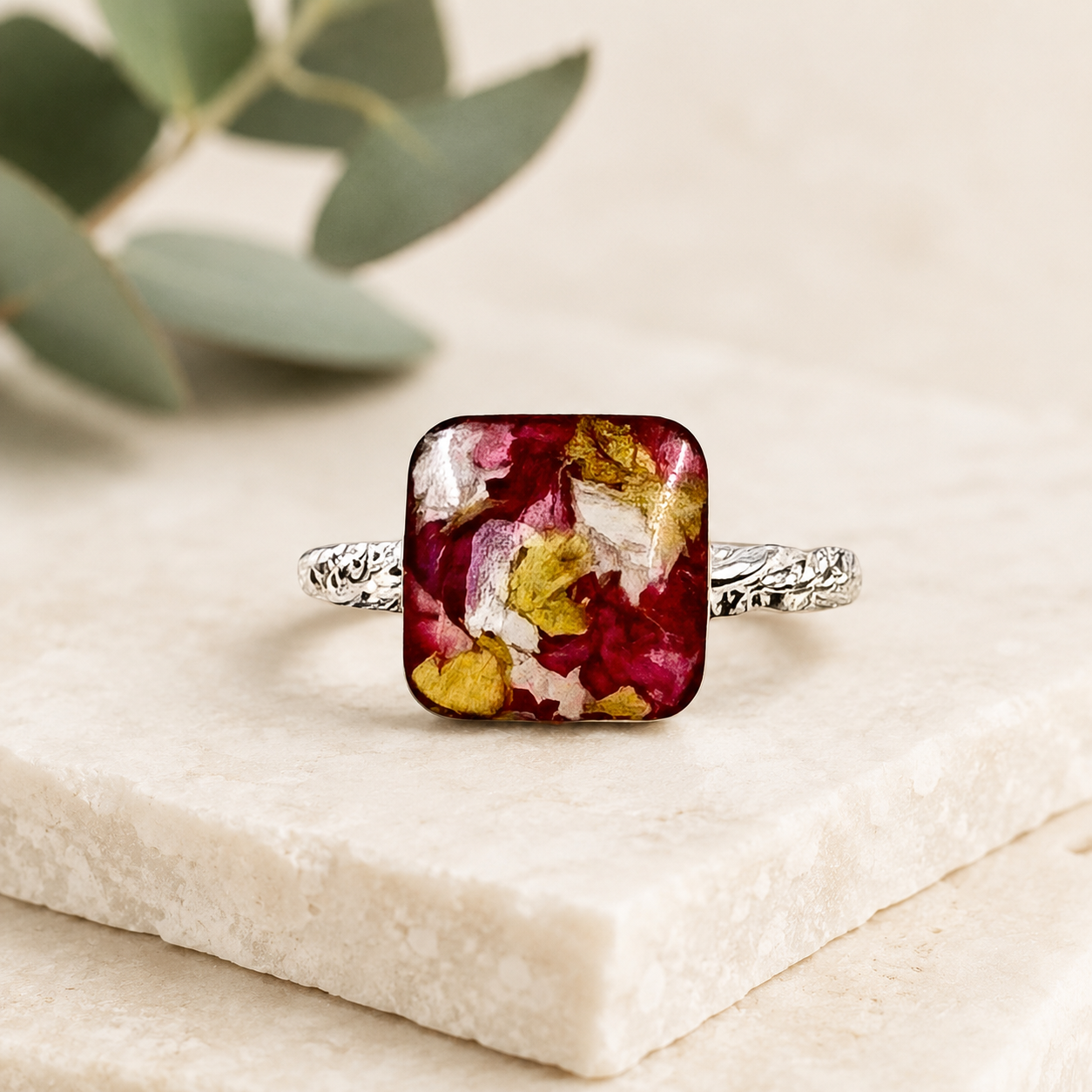 Square Memorial Flower Ring with red, yellow and white preserved flowers in sterling silver.