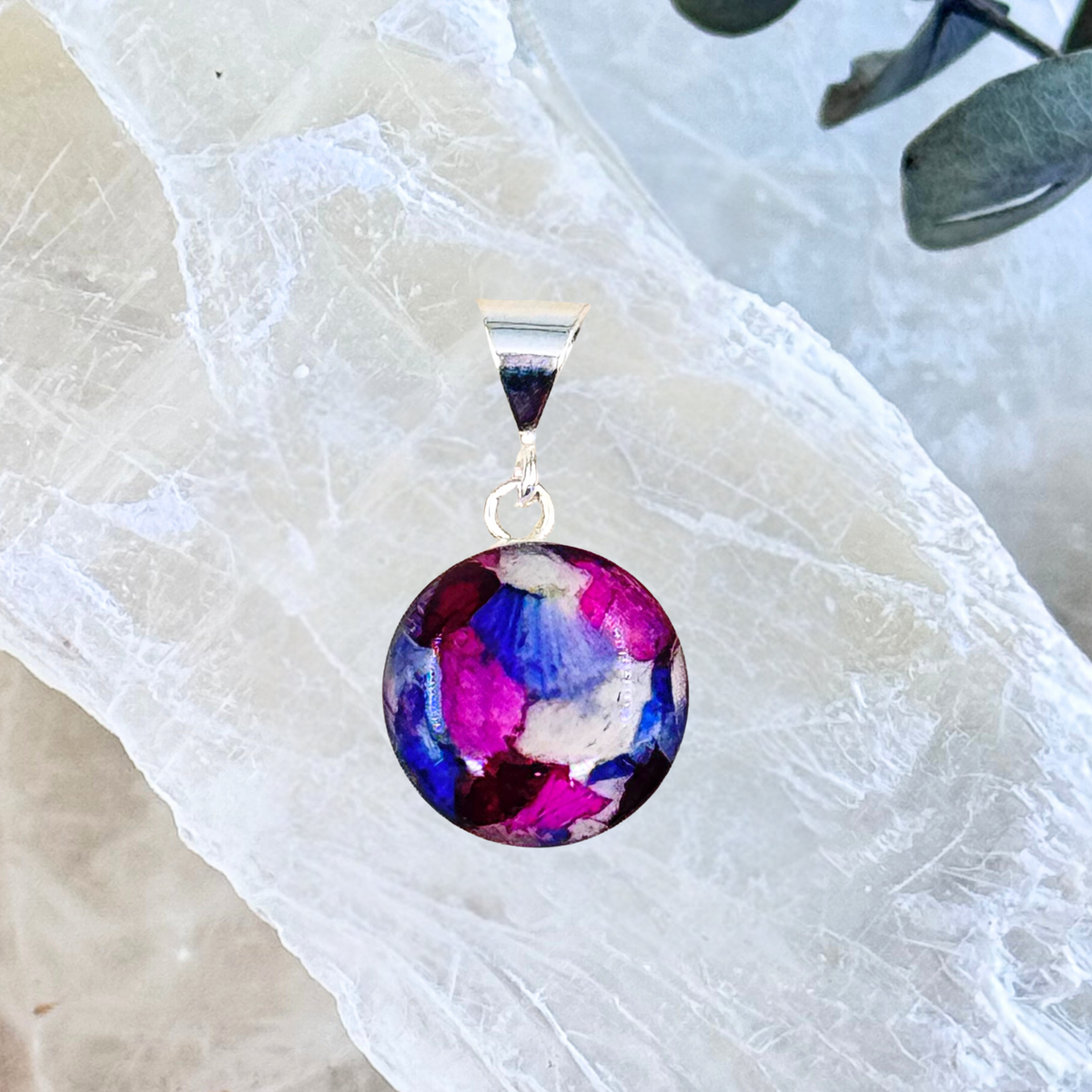 Timeless Blossom Pendant with pink, blue and white preserved flowers