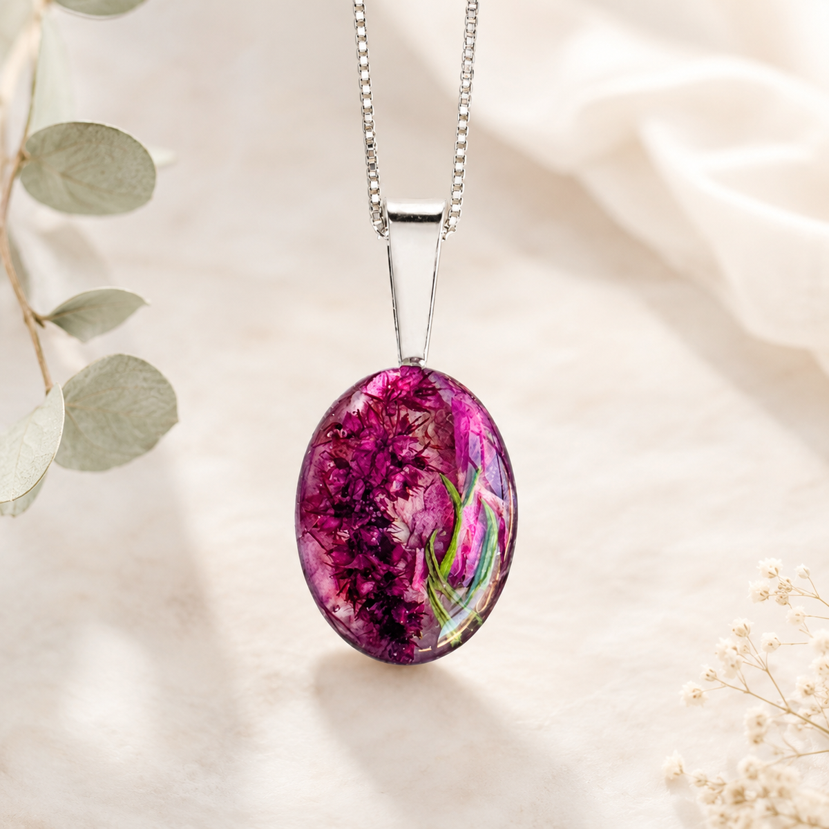 Timeless Floral Keepsake with purple preserved flowers and green botanical details.