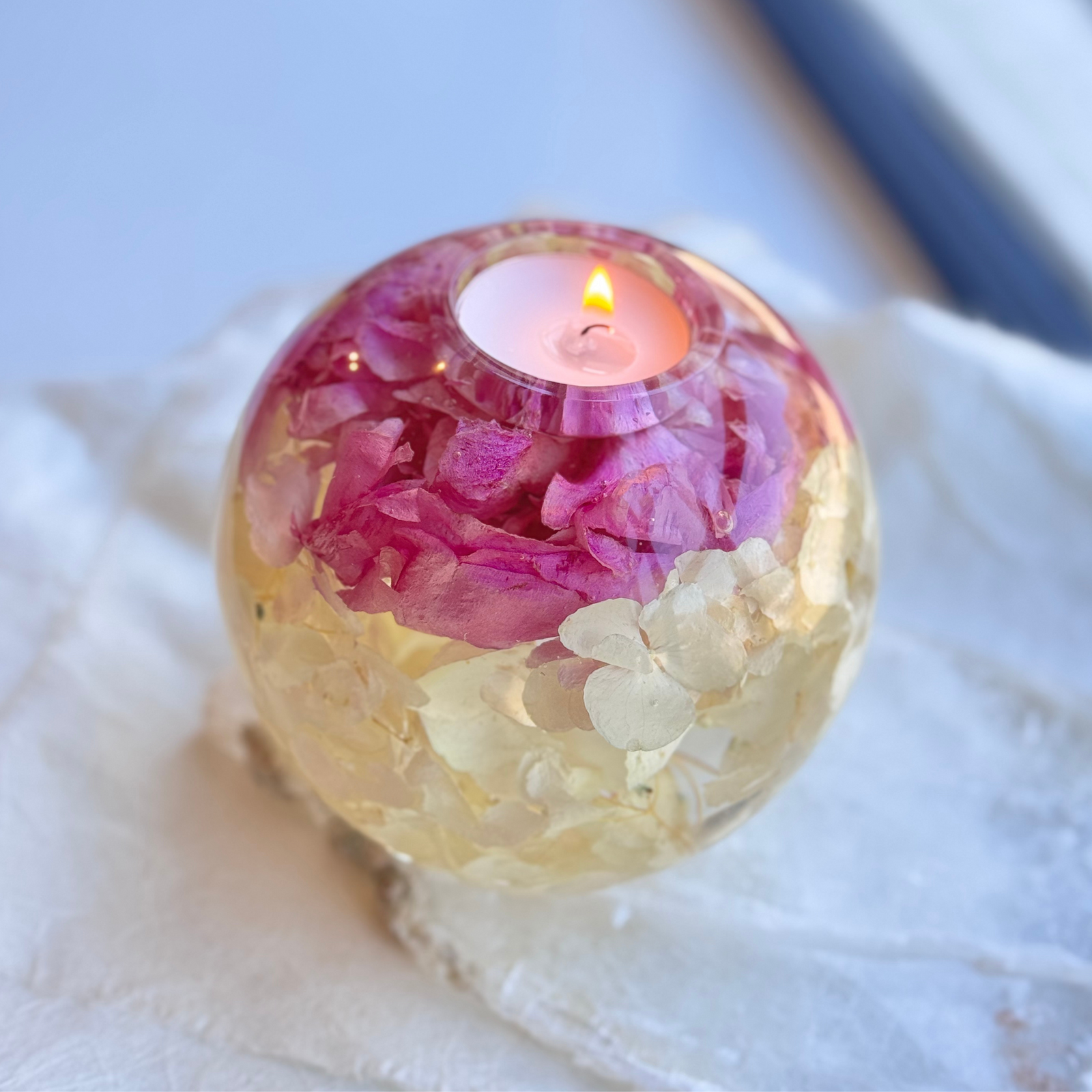 XL floral tealight candle holder with preserved pink peony and white hydrangea, handcrafted as a large resin memorial keepsake.
