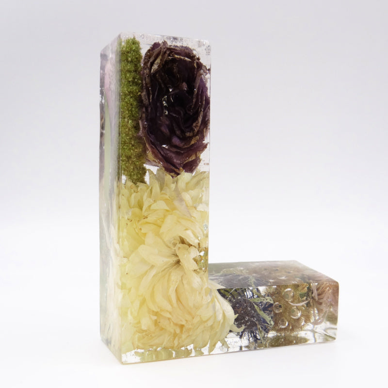 Clear resin letter Lwith preserved white mum and mixed flowers from wedding or memorial bouquet, handcrafted floral keepsake
