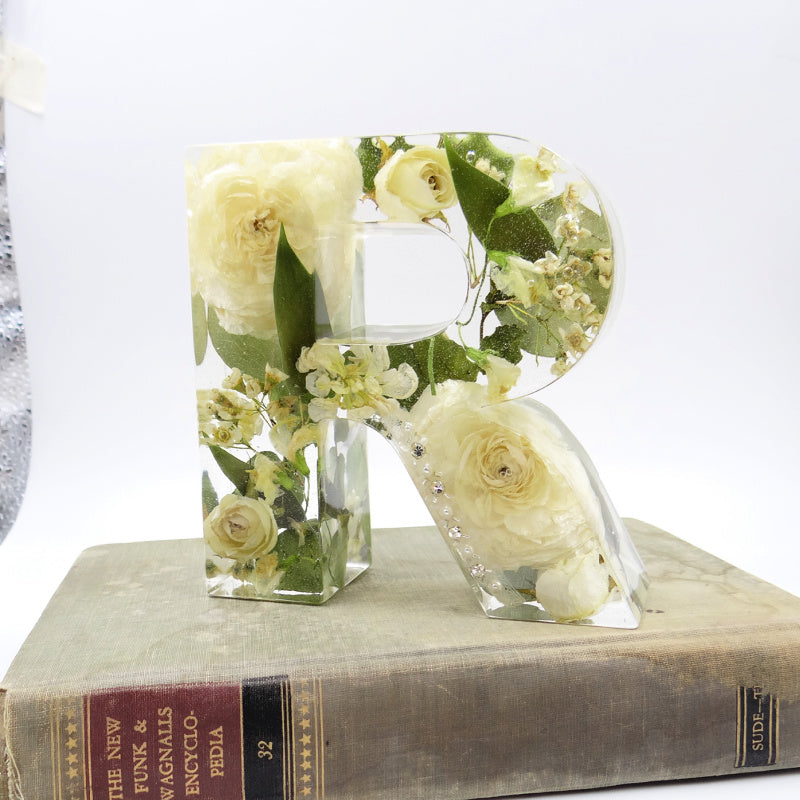 Resin letter R with preserved white wedding flowers and greenery, elegant personalized floral keepsake