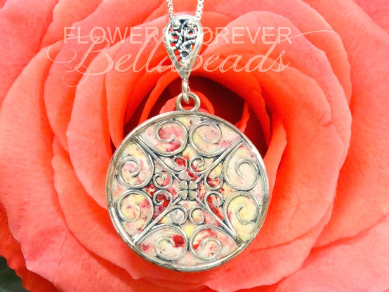 Memorial Jewelry made from Flower Petals, Filigree Circle Necklace Pendant 31mm
