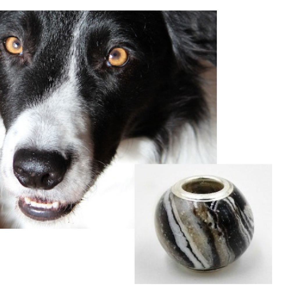  A side view of the Forever Fur Memorial Bead, showcasing swirls of color inspired by a dog’s fur and infused with ashes or fur.