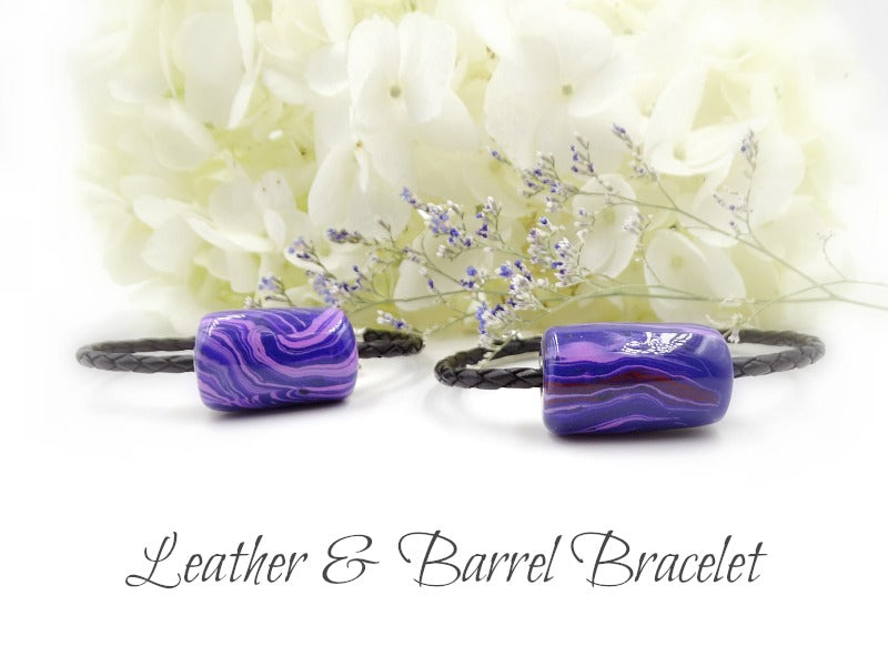 Leather &amp; Barrel Bead Bracelet - Clay