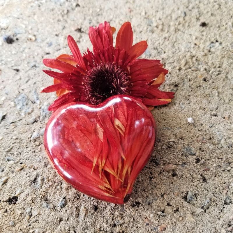 Medium resin heart infused with bright orange gerbera daisy petals.

