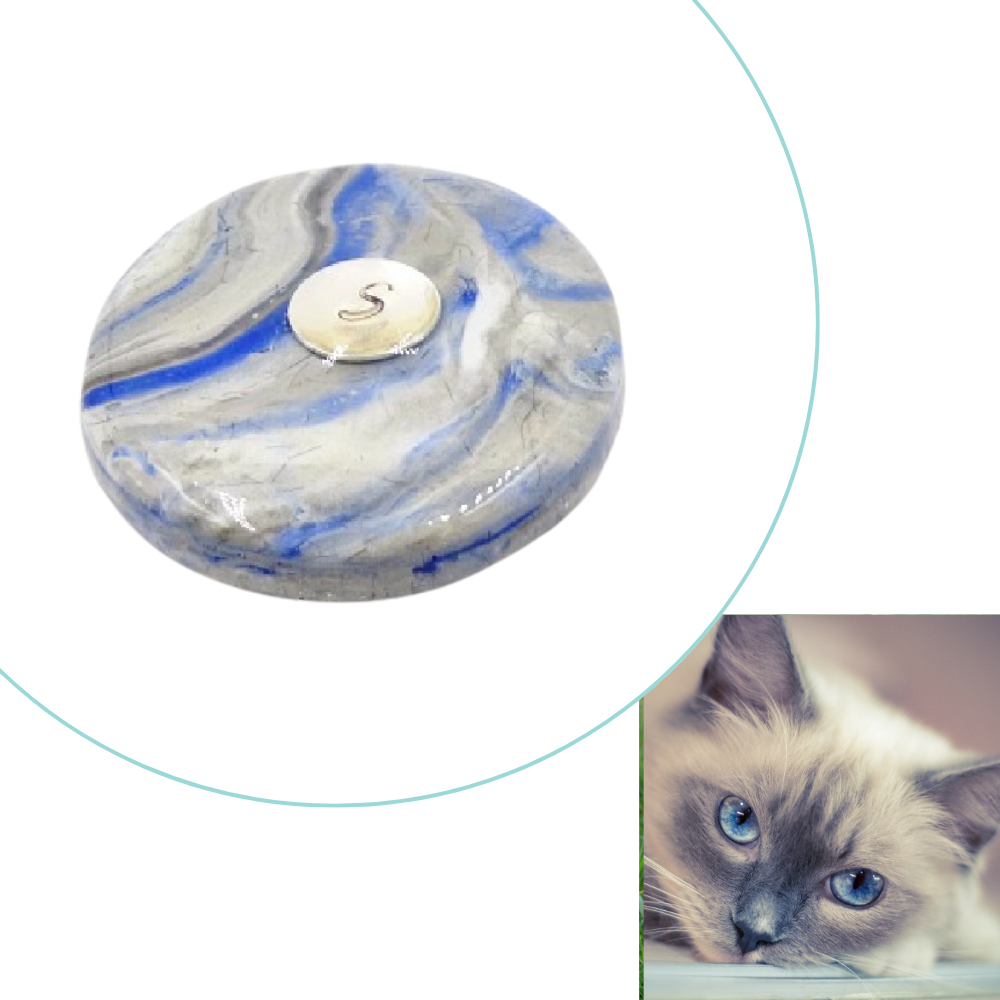 Custom pet memorial golf ball marker infused with pet ashes or fur, handcrafted to honor a beloved pet. Features personalized colors inspired by the pet’s fur and an engraved initial.