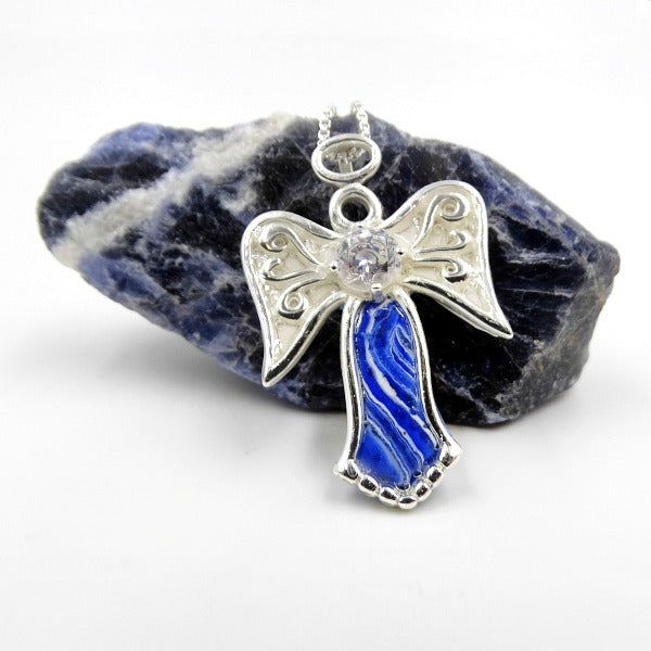 Angel Pendant made with blue and white flower petals. Memorial jewelry that will last forever. 