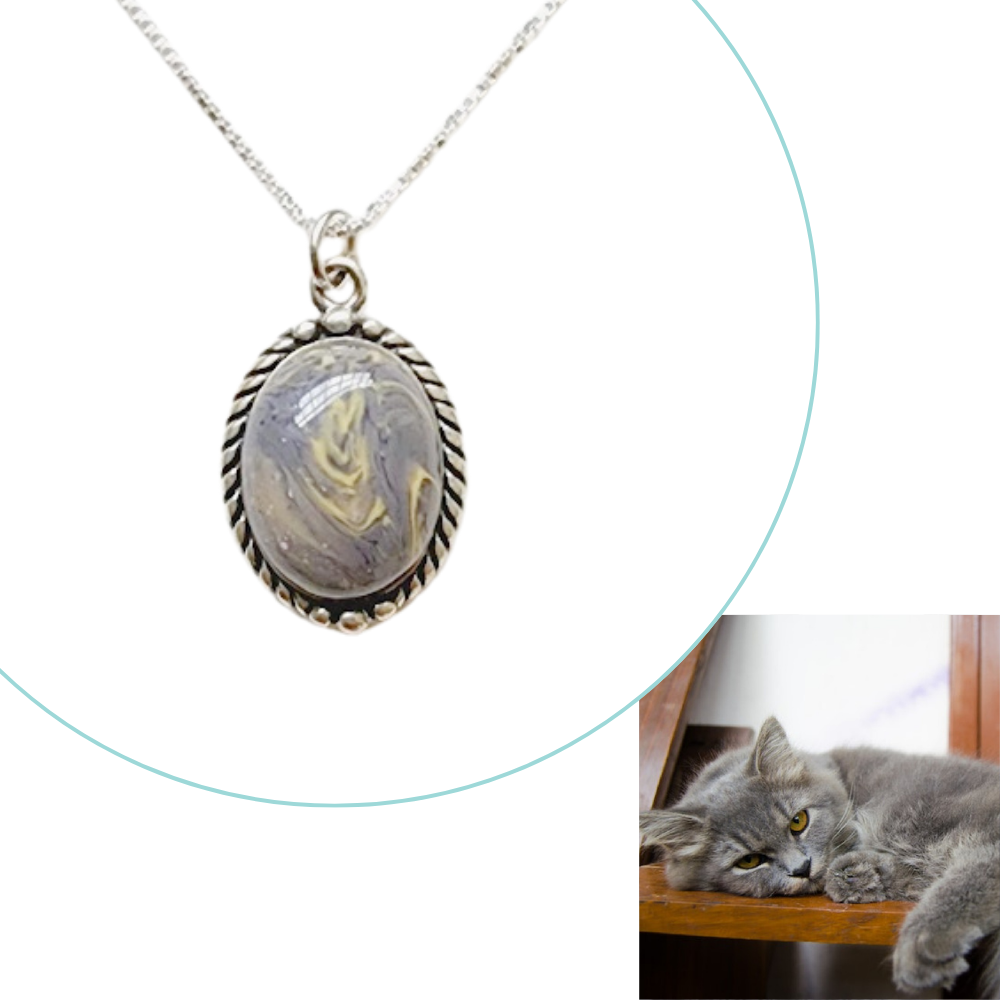 Custom pet memorial pendant designed to match a pet’s fur color, infused with ashes or fur for a lasting tribute.