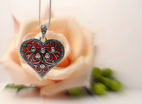 Flower Petal Jewelry, Marcasite Heart Pendant