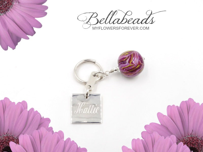 Personalized Engraved Keychain with Flower Petal Bead