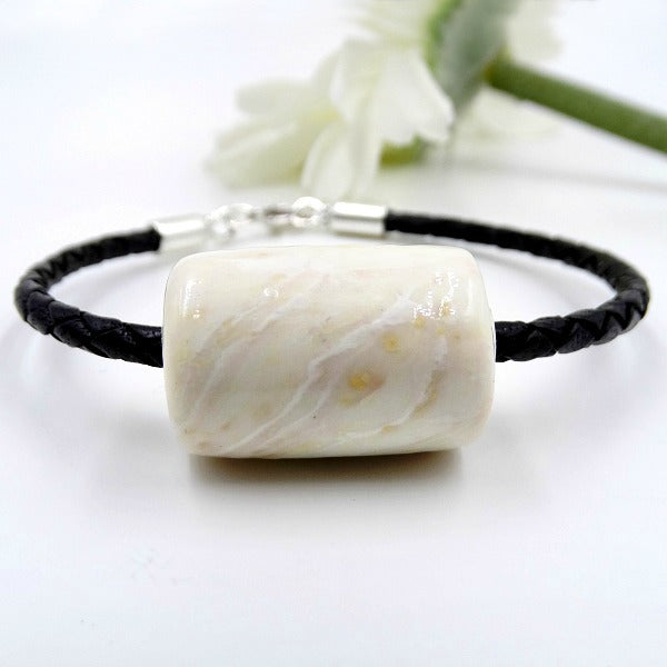 Leather &amp; Barrel Bead Bracelet - Clay