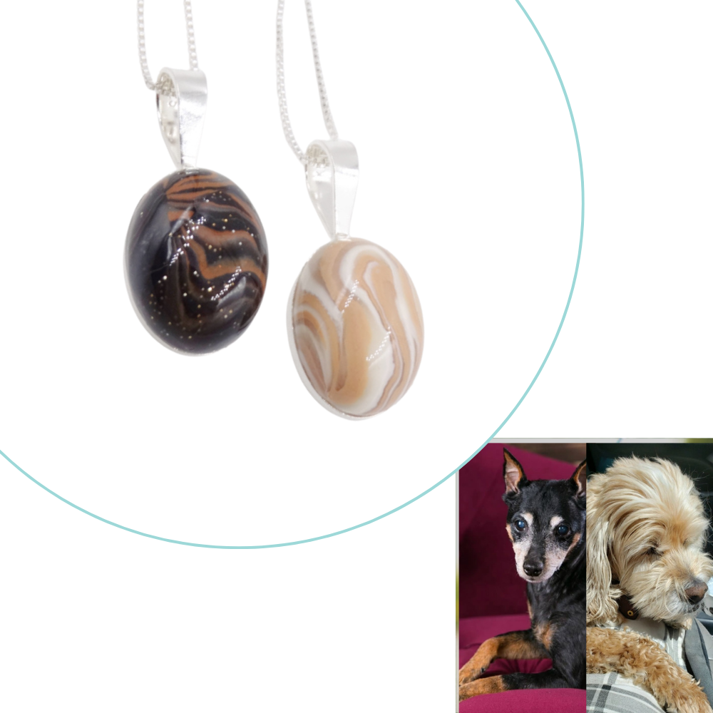 Custom pet memorial oval pendant infused with ashes or fur, designed to reflect the unique fur coloring of a cherished pet.
