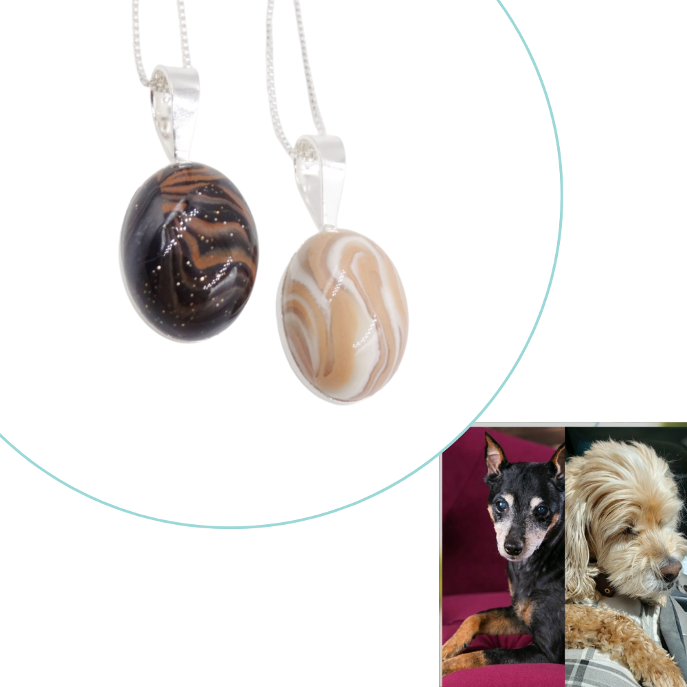 Custom pet memorial pendant infused with ashes or fur, designed to match a beloved pet’s unique fur color.