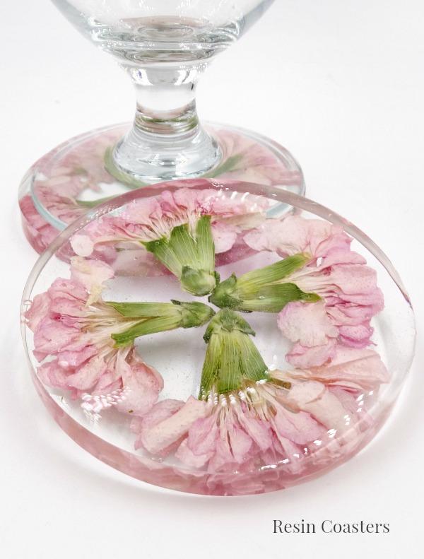Resin Coasters made with dried pink carnations, use wedding flowers or funeral flowers