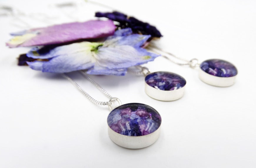 Three Timeless Blossom Pendants with preserved purple and lavender flowers